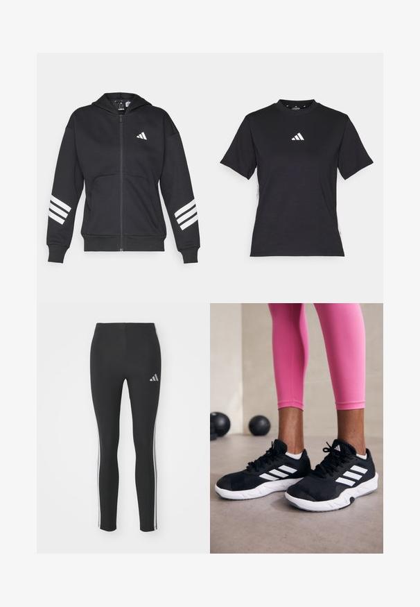 Fleece preto com fecho, feito de material de sweatshirt, apresentando um bolso frontal, capuz e três riscas brancas nas mangas. Logotipo da Adidas no peito.; T-shirt preto de manga curta feito de tecido macio. Apresenta um logo branco da Adidas e riscas brancas em contraste ao longo dos lados.; Leggings pretos feitos de material elástico com riscas brancas laterais e um pequeno logo refletor no canto superior esquerdo.; Sapatos de treino pretos com riscas brancas, parte superior em malha texturizada e sola branca. Usados com leggings cor-de-rosa, destacando roupa de treino.