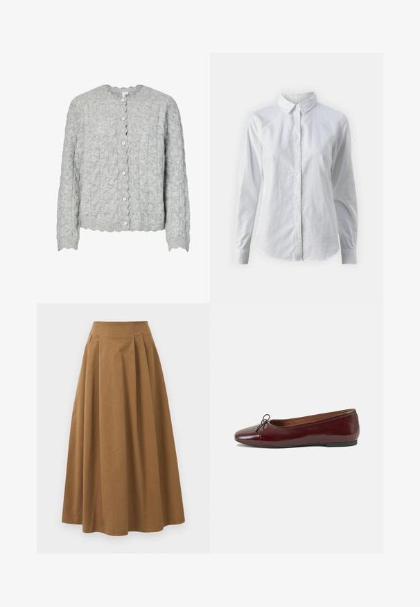 Light gray knitted cardigan with a textured pattern, scalloped neckline, and six silver buttons down the front. Long sleeves.; White button-up shirt made of smooth cotton, featuring a classic collar, long sleeves, and a curved hem. Buttons are small and white.; Brown cotton A-line skirt with a high waist, featuring pleats down the front and a smooth texture. Hem finishes are clean and simple.; Burgundy patent leather ballet flat with a rounded toe, small bow accent at the front, and a low, black rubber sole. Smooth texture.