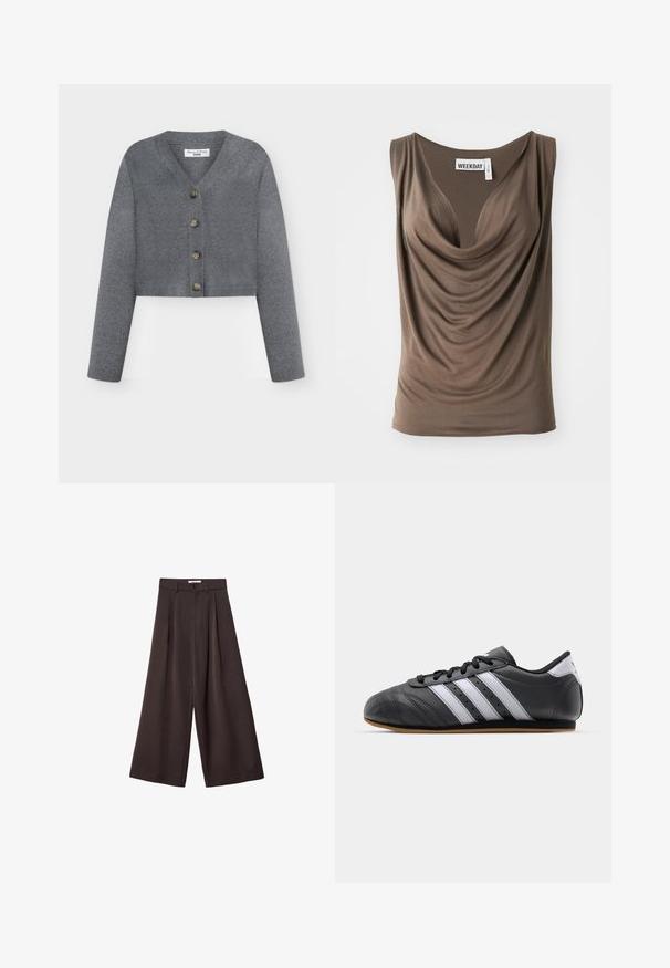 Sivi kratki kardigan od mekane tkanine, s V-izrezom, pet dugmadi sprijeda i rebrastim rubovima rukava.; Smeđa drapirana bezrukavna majica s dubokim izrezom. Izrađena od mekanog materijala s glatkom teksturom. Na ovratniku se nalazi oznaka "WEEKDAY".; Crne široke hlače s visokim strukom, s prednjim plisiranjima i kopčanjem na dugme u struku, izrađene od glatkog materijala.; Crne kožne sportske cipele s bijelim prugama, okrugli vrh, ravni đon i vezanje na vezice. Sadrži perforacije za prozračnost.