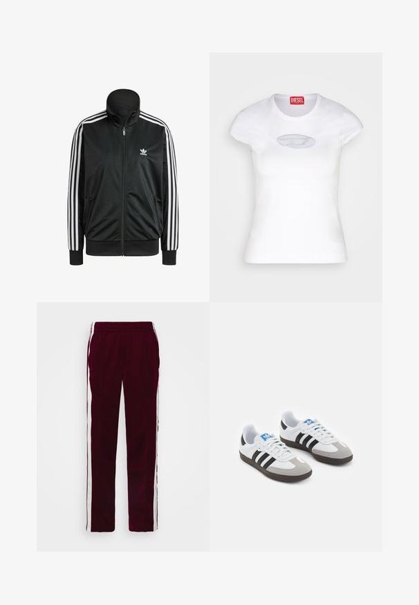 Black jacket made of smooth fabric with a high collar, featuring white three-stripe accents on sleeves and a small white logo on the chest.; White fitted T-shirt made of cotton, featuring a round neckline and short sleeves, with a light blue embroidered logo on the front.; Burgundy athletic pants with a drawstring waist, white side stripes, and a slim fit. Made from a smooth, lightweight fabric.; Sport shoes with a white leather upper, gray suede toe, and three black stripes. Features a blue logo on the tongue and a textured rubber sole.