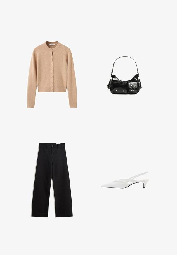Bežna volnena jopica s okroglim izrezom, dolgimi rokavi in gumbi spredaj. Ima rebraste manšete in rob, ter mehak, teksturiran zaključek.; Bela dolga majica s dolgimi rokavi iz rebraste tkanine, ki ima okroglo ovratnico in ravno rob. Preprost, enobarven dizajn.; Črne široke denim hlače z visokim pasom, ki imajo sprednje in zadnje žepe, šivane šive ter gumbasto zapiranje. Gladka tekstura.; Bela slingback peta z ošiljenim nosom, z gladkim zgornjim delom, subtilnimi izrezi in nizkim blok petkom. Črna podplat poudarja dizajn.; Črna lakasta usnjena torbica s ukrivljeno obliko, enim ramenskim trakom, sprednjimi žepi in srebrnimi kovinskimi dodatki.