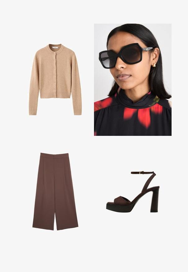Bežna volnena jopica s okroglim izrezom, dolgimi rokavi in gumbi spredaj. Ima rebraste manšete in rob, ter mehak, teksturiran zaključek.; Rjava kratka majica s kratkimi rokavi iz mehkega materiala, s krožnim izrezom in ohlapnim krojem. Brez vidnih vzorcev ali dodatkov.; Rjave široke hlače z gladko teksturo, ki imajo visok pas in sprednje naborke. Tkanina je lahka in prosto pada.; Rjave semiš sandale z visoko peto, odprto spredaj, z nastavljivim gležnjenjem in črtastim podplatom.; Črne prevelike sončne očala z geometrijskim okvirjem, temno tintanimi lečami in zlatimi detajli, nosene z vrhom s cvetličnim vzorcem in visokim ovratnikom.