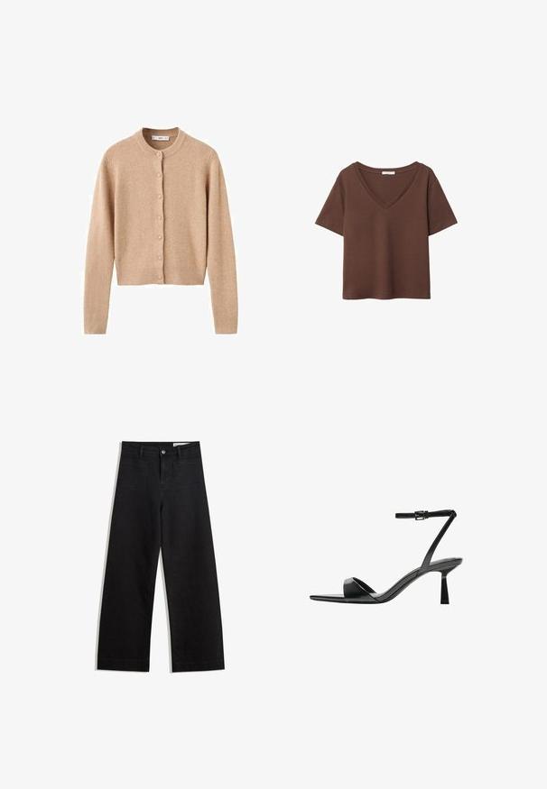 Bisarna vuna kardigan s okruglim izrezom, dugim rukavima i prednjim kopčanjem na dugmad. Sadrži rebraste manžete i rub, s mekim, teksturiranim završetkom.; Smeđa pamučna majica kratkih rukava s dubokim V-izrezom. Jednostavan dizajn, mekana tekstura i ravni rub. Bez uzoraka ili naglasaka.; Crne široke traperice s visokim strukom, s prednjim i stražnjim džepovima, šivenim šavovima i kopčanjem na gumb. Glatka tekstura.; Bershka Sandale s visokom petom - black