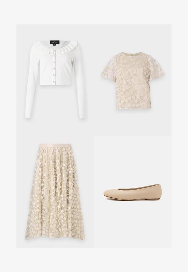 Weißes, kurz geschnittenes Strickjacke aus weichem Stoff, mit langen Ärmeln, einem fransigen Ausschnitt und einer Reihe dekorativer Knöpfe.; Beige Bluse mit floralem Stickmuster, durchsichtigen Puffärmel, Rundhalsausschnitt und Reißverschluss hinten. Texturiertes Blumenmuster auf der Vorderseite.; Blumenstickerei auf einem transparenten, crèmefarbenen Rock mit einem Satinbund. Das Design zeigt kleine, zarte Blumen und Blätter.; Beige Leder-Ballerina mit runder Zehenform, minimaler Nahtgestaltung, niedrigem Absatz und dezentem Logo auf der Rückseite. Glatte, matten Oberfläche.