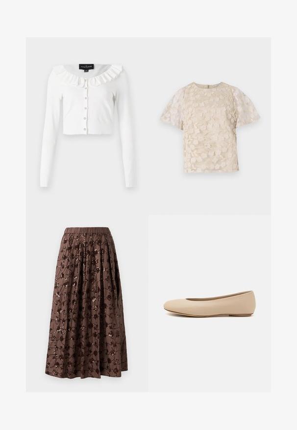 White cropped cardigan made of soft fabric, featuring long sleeves, a frilled neckline, and a row of decorative buttons.; Beige blouse with floral embroidery, sheer puff sleeves, round neckline, and back zipper closure. Textured floral pattern on front panel.; Brown midi skirt with an elastic waistband, featuring floral sequin embellishments, pleated design, and a smooth fabric texture.; Beige leather ballet flat with rounded toe, minimal seam detailing, low heel, and subtle logo on the back. Smooth, matte texture.