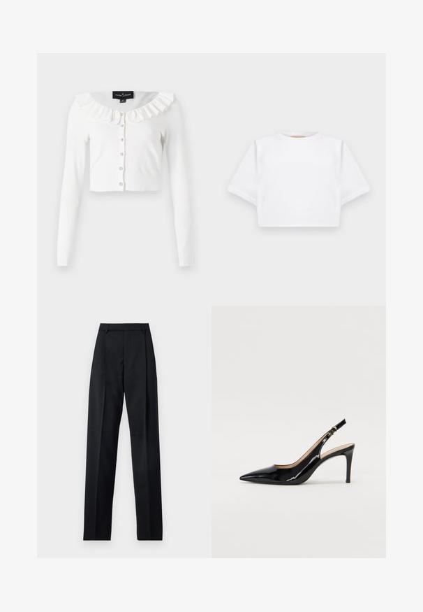 Cardigan bianco corto realizzato in tessuto morbido, con maniche lunghe, scollatura fluttuante e una fila di bottoni decorativi.; T-shirt bianca cropped realizzata in tessuto morbido, con maniche corte, scollo rotondo e dettagli a costine sull'orlo. Design semplice e senza fronzoli.; Pantaloni neri realizzati in tessuto morbido, caratterizzati da vita alta, gambe larghe, pince frontali e classiche passanti per cintura. Non ci sono tasche laterali visibili.; Pumps slingback in pelle verniciata nera con punta affilata, tacco sottile e un design con ritagli delicati. Caratterizzate da una fibbia dorata sul cinturino.