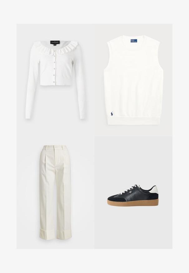 Valge lühike kardigan, mis on valmistatud pehmest kangast, pikad varrukad, frillidega kaelus ja rida dekoratiivnuppe.; Valge ilma varrukateta kootud sviiter, mis on valmistatud siledast puuvillast, ribitud äärtega ja väikese tumesinise logoga alumises vasakus nurgas. Lihtne disain, ilma mustriteta.; Valged kohandatud püksid, millel on kõrge talje, topeltesine voldid ja laiad sääred volditud äärtega. Valmistatud siledast, tekstureeritud kangast.; Must musta ja sametist tennisjalanõud helepruunist kummist tallaga. Omab valgeid paelu ja väikseid pooride aukusid külgedel. Michael Korsi logo on olemas.