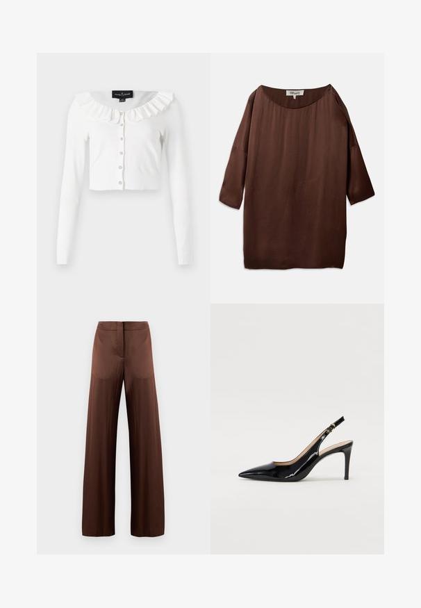 Cardigan bianco corto realizzato in tessuto morbido, con maniche lunghe, scollatura fluttuante e una fila di bottoni decorativi.; Blusa marrone ampia e morbida con scollo a barca largo e maniche a tre quarti, realizzata in un tessuto liscio e strutturato. La parte superiore presenta leggere pieghe.; Pantaloni larghi marroni realizzati in tessuto liscio e leggero, con frontale piatto, senza tasche e dalla silhouette dritta.; Pumps slingback in pelle verniciata nera con punta affilata, tacco sottile e un design con ritagli delicati. Caratterizzate da una fibbia dorata sul cinturino.
