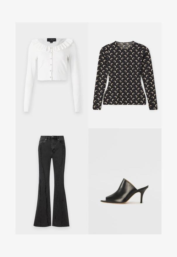 White cropped cardigan made of soft fabric, featuring long sleeves, a frilled neckline, and a row of decorative buttons.; Long-sleeve black top with a repeated crescent moon pattern in beige. Features a round neck and smooth, stretchy fabric.; Flared black denim jeans with distressed design and visible stitching details. Features five pockets and a button closure at the waist.; Black leather open-toe mule with a sleek, curved design, high stiletto heel, and smooth texture. The interior features a contrasting light color.