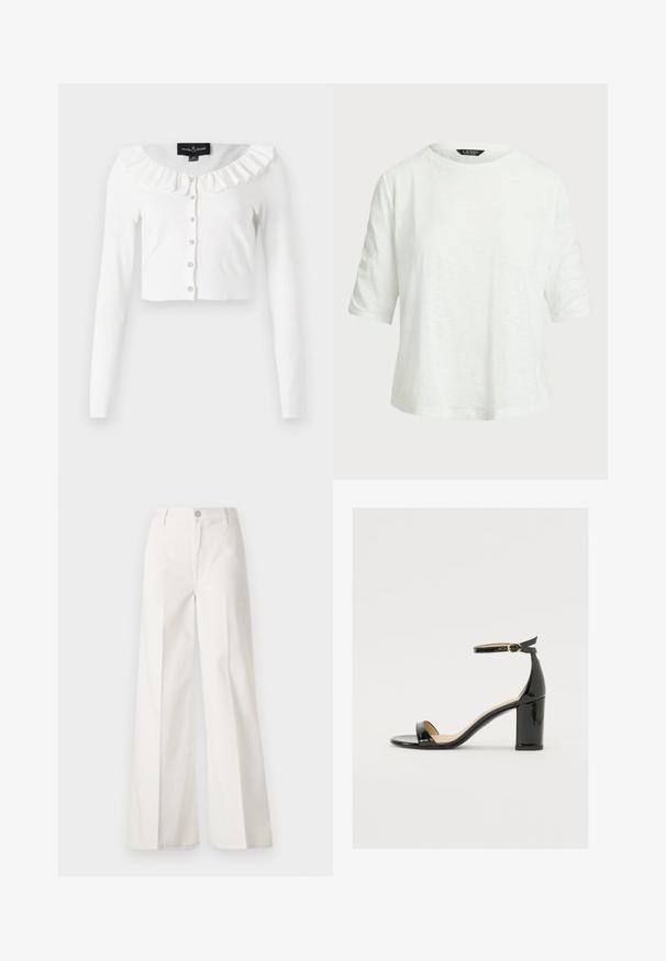 Cardigan blanc court en tissu doux, avec des manches longues, un col volanté et une rangée de boutons décoratifs.; T-shirt blanc à manches courtes en tissu léger. Il présente un col rond et une coupe décontractée avec un motif texturé subtil.; Pantalons blancs à jambes larges en coton avec une texture douce. Comprend un bouton à l'avant, une fermeture éclair et un design à quatre poches.; Sandale en cuir verni noir avec un large talon, orteils ouverts et une bride de cheville ornée d'une boucle en or. Texture lisse et design épuré.