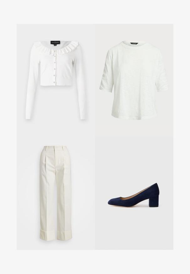 White cropped cardigan made of soft fabric, featuring long sleeves, a frilled neckline, and a row of decorative buttons.; White short-sleeve T-shirt made of lightweight fabric. Features a round neckline and a relaxed fit with a subtle textured pattern.; White tailored pants featuring a high waist, double front pleats, and wide legs with folded cuffs. Made from a smooth, textured fabric.; Navy blue suede pump with a pointed toe and a mid-height block heel. Smooth texture with a subtle sheen and a small cutout at the front.