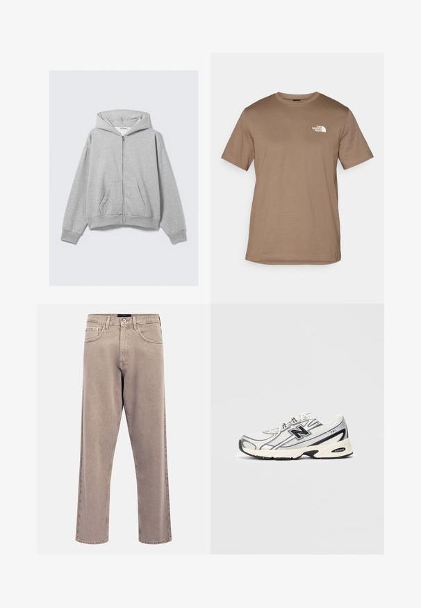 Grå lynlås hoodie lavet af blødt stof, med hætte, ribbede manchetter og frontlommer med en afslappet pasform. Mærke: WEEKDAY.; Brun kortærmet T-shirt lavet af bomuld med ribbet rund hals. Har et lille hvidt logo på venstre brystområde.; Lyse beige jeans med lige ben, en let falmet tekstur, design med fem lommer og lukning med metalknap. Fremtrædende syningsdetaljer.; Hvid og grå atletisk sneakers med sort "N" logo, mesh-overdel, polstret sål og snørebåndsdesign, vist på en ensfarvet lys grå baggrund.
