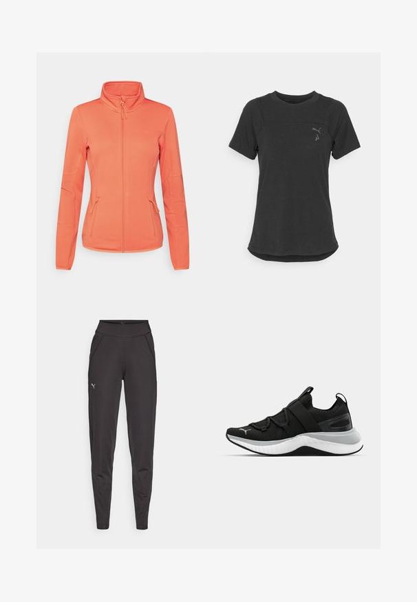 ONLY Play ONPJETTA - Flīsa jaka - spiced coral; Melnas īsām piedurknēm veiktspējas T-krekls, kas izgatavots no mīksta, gaisa caurlaidīga auduma. T-kreklam ir noapaļota apakšmala un neuzkrītošs logo kreisajā augšējā krūtī.; Melni sporta legingi, izgatavoti no elastīgas auduma, ar augstu jostasvietu, sānu kabatām un mazu atstarojošu logotipu uz kreisā augšstilba.; Melna sporta kurpe ar teksturētu augšējo daļu, elastīgām siksnām un biezu baltu vidusdaļu. Ievietots pelēks akcenta elements gar zoli.