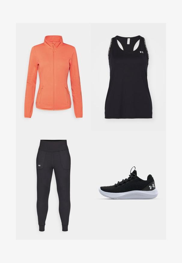 ONLY Play ONPJETTA - Fleecejakke - spiced coral; Sort sports tanktop med rund halsudskæring og racerback-design. Har logo og mønstrede stropper. Fremstillet af letvægts og åndbart materiale.; Sorte atletiske leggings lavet af strækbart materiale, med høj talje, sidelommer og tætsiddende manchetter ved anklerne.; Sorte træningssko med en åndbar mesh-overdel, strukturerede detaljer og en hvid gummisål. Har flade snørebånd og en hæltrækstrop.