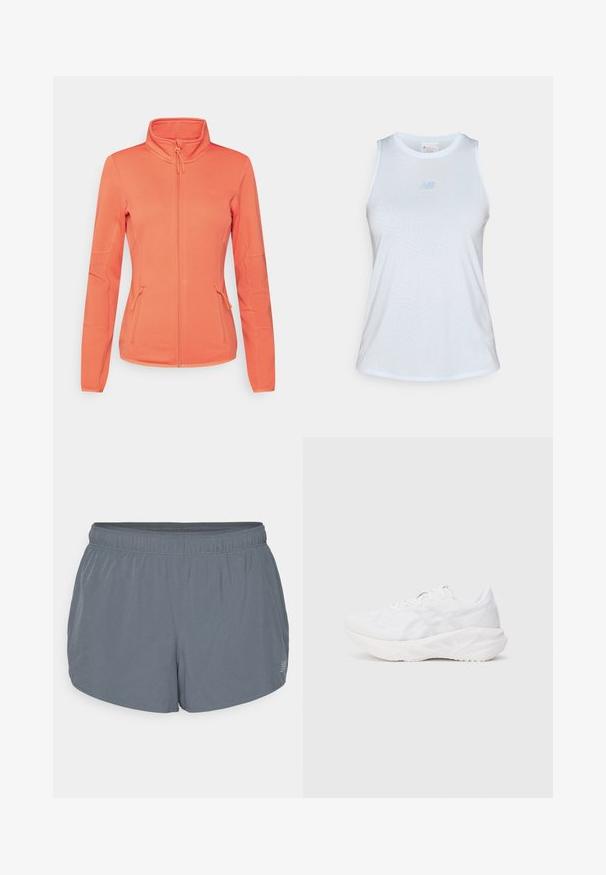 ONLY Play ONPJETTA morelowy; Biała bezrękawnik sportowy o gładkiej fakturze i subtelnym wzorze. Posiada jasnoniebieskie logo na piersi oraz okrągły dekolt.; Szare szorty sportowe o miękkiej fakturze, z elastycznym pasem i lekko zaokrąglonym dołem. Zawierają małe perforacje dla lepszej wentylacji.; Białe buty sportowe z przewiewną siateczką i wyściełaną podeszwą, z fakturowanym wzorem i minimalistycznymi akcentami.