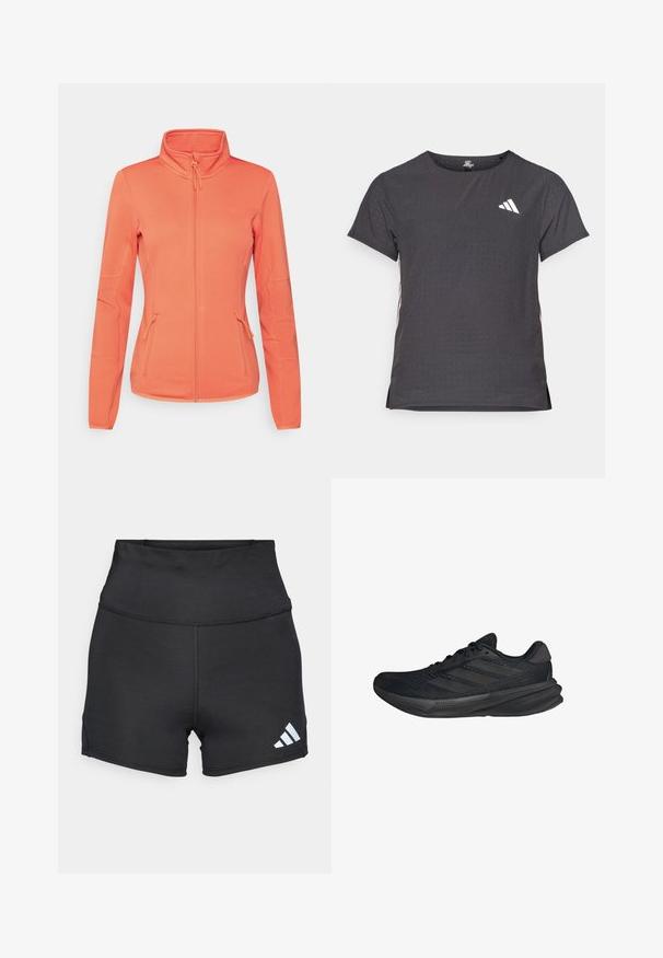 ONLY Play ONPJETTA - Fleece jacket - spiced coral; Short-sleeve athletic t-shirt, dark gray with perforated texture. Features a white logo and contrasting side stripes. Rounded neckline.; adidas Performance Leggings - black; Black athletic shoes with a mesh upper, streamlined shape, flat sole, and three diagonal stripes on the side. Lightweight design for comfort.