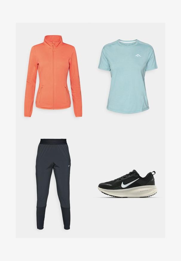 ONLY Play ONPJETTA - Fliisjakk - spiced coral; Hele sinine lühikeste varrukatega T-särk, mis on valmistatud pehmest kangast, ümara kaelusega ja väikese valge logoga rinnal. Õmblusdetailid on nähtavad.; Nike spordipüksid tumeshallis, kitsa jala disainiga, elastse vöökoha ja aktsentdetailidega pahkluude lähedal.; Musthave mustus Nike jooksujalats, millel on hingav võrgust ülemine osa, valge swoosh logo, tekstuuriga detailid ja kreemja värvusega ZoomX vahevöö.
