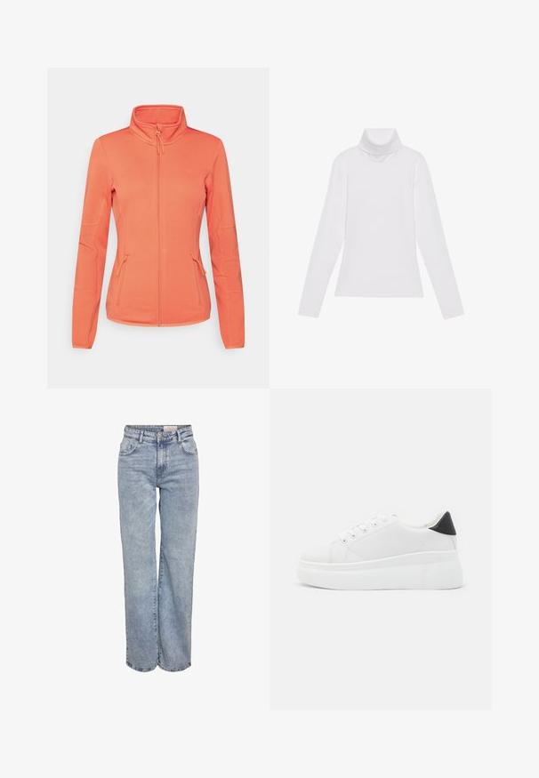 ONLY Play ONPJETTA - Fliisjakk - spiced coral; Valge pikkade varrukate turtleneck-särk, mis on valmistatud siledast ja venivast kangast. Omab kõrget kraed ja keha lähedast lõiget, ilma nähtavate mustrite või kaunistusteta.; Heledad sinine laia jalaeest, valmistatud denimist, kõrge vöökohaga, viie tasku disainiga ja kerge tuhmumisega, mis annab kulunud välimuse.; Valged platvormsneakerid, mis on valmistatud siledast sünteetilisest materjalist, ovaalse toe, paelkinnise disaini ja tekstuurse kummitaldiga. Must kontsrihm.