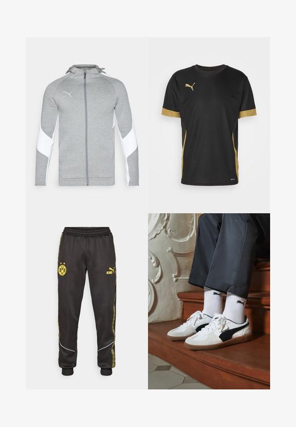 Grijze zip-up jas van zachte stof, met witte zijpanelen, een capuchon en een klein logo op de borst. Soepele textuur, atletische snit.; Zwarte sport T-shirt met gouden accenten op de mouwen en zijkanten. Voorzien van een ronde hals, korte mouwen en vochtregulerende DRYCELL-stof.; Zwarte sportbroeken met gele logos van Borussia Dortmund BVB 09 en Puma King, een elastische tailleband en gestreepte gele zijpanelen.; Puma sneakers in wit en zwart suède, met een bruine rubberen zool. Gecombineerd met witte sokken met een zwart logo, gedragen met donkere broek.