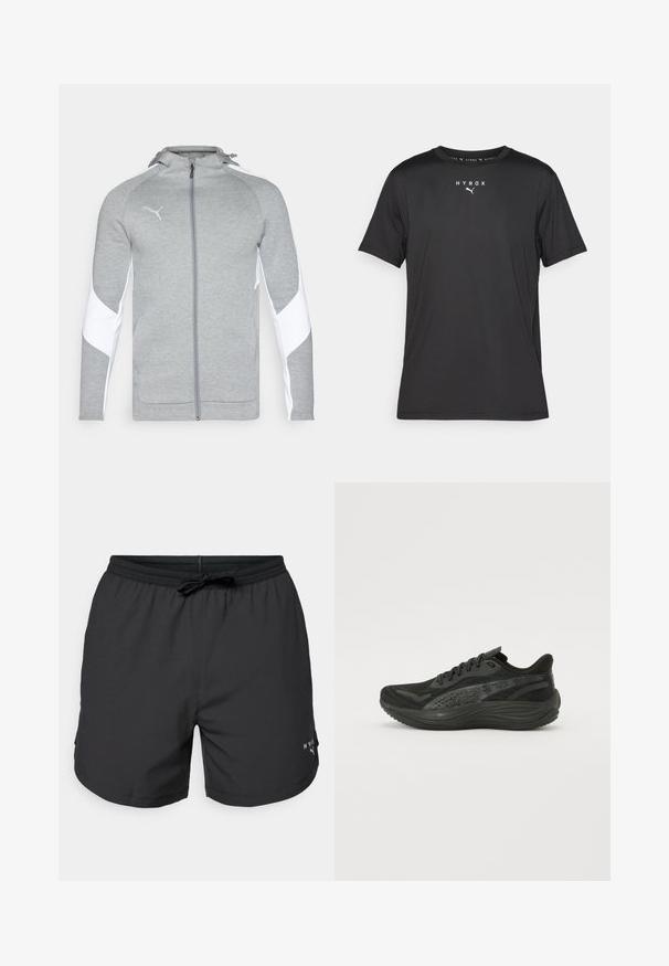 Hall hõlmadega pehme kanga koostisest, valgete külgpanelidega, kapuutsiga ja väikese logoga rinnal. Sile tekstuur, spordiline lõige.; Must t-särk lühikeste varrukatega mustast kergest kangast. Omab ümmargust kaelust ja trükitud "HYROX" logo koos Puma embleemiga ees.; Mustad ujumispüksid elastse vöökoha ja nööriga. Kerged kangad küljetaskutega. Hemis on väike logo.; Musternähtud pealistusega mustad sportlikud jalatsid, sirged paelad ja pehmendatud tald, millel on peened peegeldavad aktsendid.