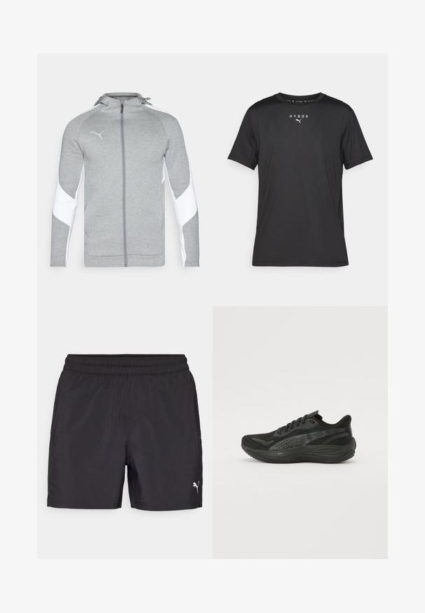 Šedá zipová bunda vyrobená z měkké tkaniny, s bílými bočními panely, kapucí a malým logem na hrudi. Hladká textura, sportovní střih.; Černé sportovní tričko s krátkým rukávem vyrobené z lehkého materiálu. Má kulatý výstřih a na přední straně potisk s logem "HYROX" a emblémem Puma.; Černé sportovní šortky s elastickým pasem, vyrobené z lehkého materiálu, s malým bílým logem na spodní straně.; Černá sportovní obuv s texturovaným síťovaným svrškem, plochými tkaničkami a polstrovanou podešví s decentními reflexními prvky.