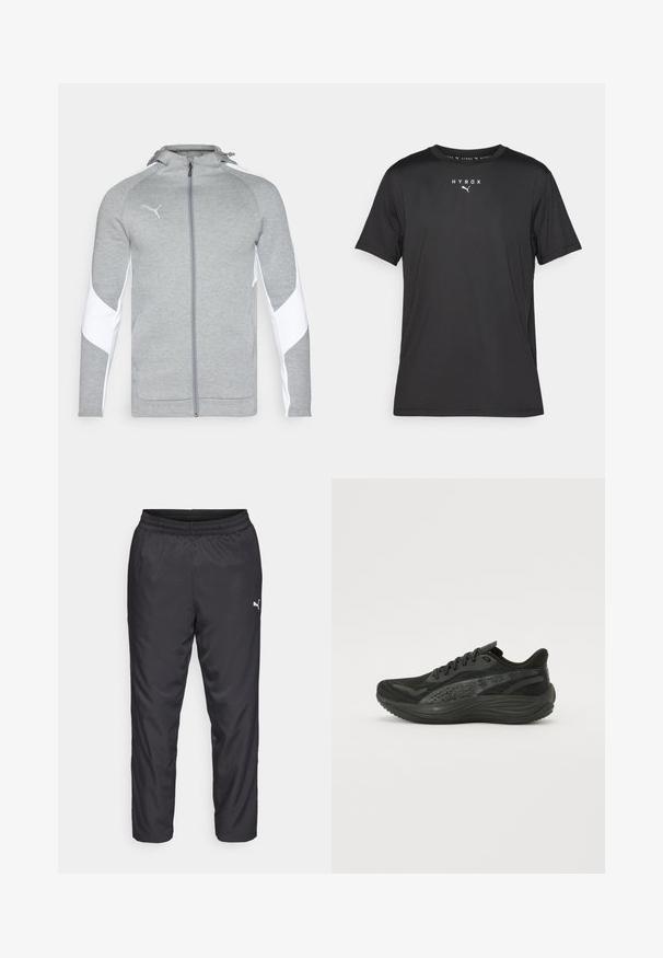Szürke zipzáras dzseki puha anyagból, fehér oldalpanellel, kapucnival és kis logóval a mellkasán. Simaszövet, sportos szabás.; Fekete, rövid ujjú sportpóló könnyű anyagból. Kerek nyakkivágással és elöl nyomtatott "HYROX" logóval, valamint Puma emblémával rendelkezik.; Fekete sportos nadrág sima, könnyű anyagból. Rugalmas derékkal rendelkezik, és a bal oldalon egy kis fehér logó található.; Fekete sportcipő, texturált hálós felsőrésszel, lapos fűzőkkel és párnázott talppal, finom fényvisszaverő részletekkel.