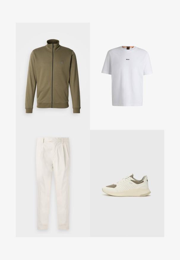 Olive spalvos užtrauktuku užsegamas džemperis, pagamintas iš minkštos medžiagos, su aukštu apykakle, raukšlėtumo rankovėmis ir mažuoju logotipo ženkleliu kairiajame krūtinės rašte.; Balta medvilninė marškinėliai trumpomis rankovėmis, su juodu "BOSS" logotipu, centruotu ant krūtinės, ir apvaliu kaklo dizainu.; Balti, susiūtos kelnes, turinčios pritaikytą siluetą, pasižyminčias lygia tekstūra, dirželio kilpomis ir siaurėjančiomis kojomis. Nėra matomų kišenių ar raštų.; Baltas ir šviesiai bežinis sportinis kedas, su tinklo viršumi, perforuotais detalėmis ir tekstūruotu tarpine su logotipu ant kulno.