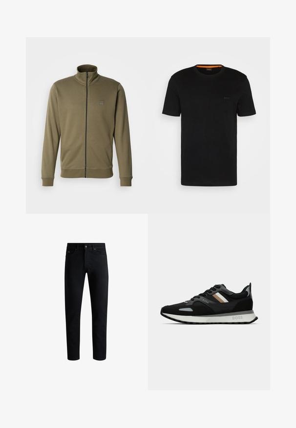 Maslinasto zelena jakna na patentni zatvarač od mekane tkanine s visokim ovratnikom, rebrastim manžetama i malim logotipom na lijevoj strani prsiju.; Crna kratka majica s kratkim rukavima izrađena od mekog materijala, sa okruglim izrezom i suptilnim logotipom sprijeda. Unutrašnja bočna stranica kragne ima narančasti naglasak.; Crne uske traperice s pet džepova, zatvaranjem na gumb i petljicama za remen, prikazane na bijeloj pozadini.; Crne trkačke tenisice s teksturiranom površinom, svijetlosivim akcentima i tri horizontalne pruge u smeđoj boji. Imaju bijelu podstavljenu potplat.