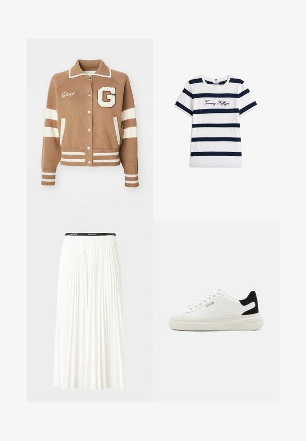 Brązowy dzianinowy kardigan z białym paskowanym wzorem, z zatrzaskami, kołnierzem i przednią literą 'G'. Dodatki to haftowana nazwa marki.; Bawełniana koszulka z poziomymi granatowymi paskami na białym tle. "Tommy Hilfiger" wyszyte kursywą na klatce piersiowej. Okrągły dekolt.; Plisowana biała spódnica z czarnym elastycznym pasem z logo "LACOSTE". Średniej długości, o miękkiej teksturze.; Białe skórzane sneakersy z grubą białą podeszwą, czarnym zamszowym akcentem na pięcie oraz wytłoczonym logotypem z boku. Projekt z sznurówkami i sześcioma dziurkami.