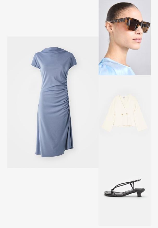 Krém színű, rövidített, átkötős kabát mély V-nyakkal, hosszú, bő ujjakkal és két aranyszínű gombbal záródik. Puha, texturált anyag.; Rövid ujjú ruha világoskék színben, csepp szabású nyakkivágással és oldalsó gyűrődésekkel, laza siluettel és térd alatti hosszal.; Fekete bőr szandál vékony pántokkal, alacsony blokk sarkú és négyzetes orrú. Csattal záródik és sima textúrájú.; Tortakártyás napszemüveg vastag, téglalap alakú kerettel. Sötét lencsék és arany színű díszítések a szárakon. Simító, fényes felület.; Ezüst gyöngy fülbevalók, ívelt, bab forma. Simább, fényes felület és rögzített kapocs és hátlap.