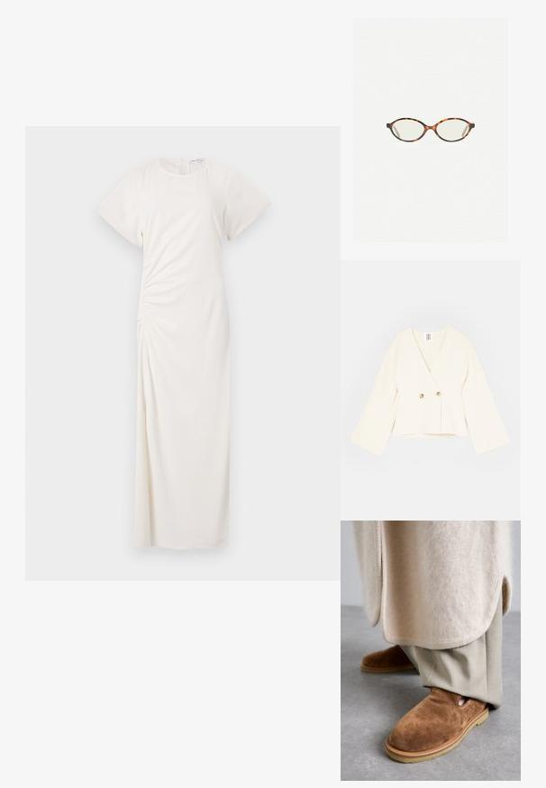 Eine crèmefarbene, kurz geschnittene Wickeljacke mit tiefem V-Ausschnitt, langen weiten Ärmeln und zwei goldfarbenen Knopfverschlüssen. Weicher, strukturierter Stoff.; Weißes Kleid mit kurzen Ärmeln, rundem Ausschnitt und seitlicher Raffung; glattes Material mit bodenlangen Silhouette.; Braune Wildleder-Slipper mit runder Zehenform, Gummisohle und seitlichem Cutout-Detail, kombiniert mit hellbeigen, maßgeschneiderten Hosen.; Schildpatt-Eyegläser mit ovalen Gläsern und einer eleganten, glatten Oberfläche. Mit dünnen Seiten und einer subtilen Kurve an den Schläfen. Klare Gläser.