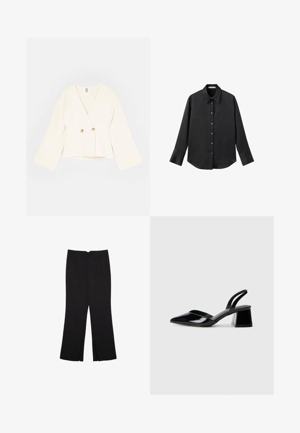 Krem boje skraćeni omotani sako s dubokim V-izrezom, dugim širokim rukavima i dva zlatna dugmeta za zatvaranje. Mekana, teksturirana tkanina.; Crna košulja dugih rukava od glatkog materijala, s klasičnim ovratnikom, prednjim kopčanjem na dugmad u boji zlatne i širokim manžetnama.; Crne hlače ravnog kroja, s prednjim džepovima i bočnim prorezima na rubu. Izrađene od mekog i glatkog materijala. Pogodne za razne prigode.; Crne lakirane kožne sandale s otvorenom petom i špicastim vrhom, s geometrijskom blok petom. Imaju elegantan, minimalistički dizajn i glatku teksturu.
