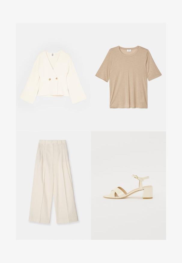 Kreemjas värvitoonis lühike mähiskleidimoodi jakk, millel on sügav V-kaelus, pikad laiad varrukad ja kaks kuldset nööpid. Pehme, tekstuuriga kangas.; Filippa K ELENA TEE - Trükipildiga T-särk - sandstone; Laiad püksid tekstureeritud kreemjas kangas. Omab kõrget vööd pleatide, vööklambrite ja puhta, minimalistliku disainiga.; Beež patentnahast kontsaga sandaalid, millel on risti rihmad, avatud varvas, reguleeritav pahkluu riba ja plokk-konts. Sile tekstuur.