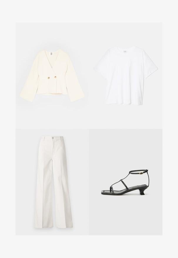 Cream-colored cropped wrap jacket with a deep V-neck, long wide sleeves, and two gold-colored button closures. Soft, textured fabric.; White cotton t-shirt with short sleeves, round neckline, relaxed fit, and stitched hem. Label visible on the inside neck.; White wide-leg trousers made from cotton with a smooth texture. Features a front button, zipper fly, and four-pocket design.; Black leather sandal with a square toe, thin straps, adjustable ankle strap, and a low heel. Features a small gold accent on the strap.