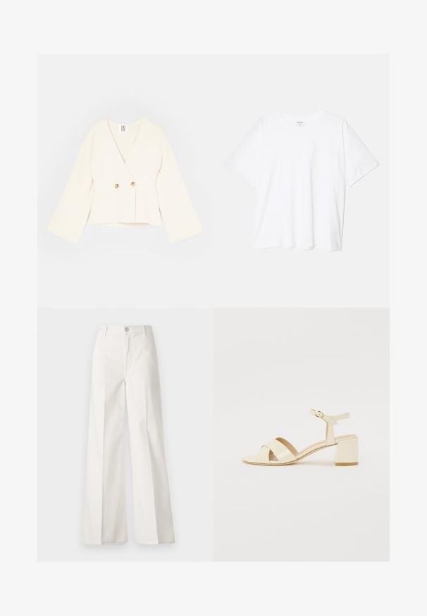 Giacca avvolgente color crema, cropped, con scollo a V profondo, maniche lunghe e ampie, e due chiusure con bottoni color oro. Tessuto morbido e testurizzato.; T-shirt bianco in cotone con maniche corte, scollo rotondo, vestibilità comoda e orlo cucito. Etichetta visibile all'interno del colletto.; Pantaloni bianchi a gamba larga realizzati in cotone con una texture liscia. Presentano un bottone anteriore, una zip e un design a quattro tasche.; Sandali con tacco in pelle verniciata beige, design con cinturino incrociato, punta aperta, cinturino alla caviglia regolabile e tacco a blocco. Texture liscia.