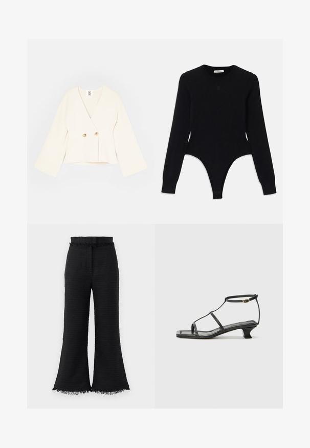 Krémová skrátená zavinovacia bunda s hlbokým V-výstrihom, dlhými širokými rukávmi a dvoma zlatými gombíkmi na zapínanie. Jemná, štruktúrovaná tkanina.; Čierny body s dlhým rukávom a okrúhlym výstrihom, priliehavý strih a spodná časť v štýle nohavičiek. Vyrobený z mäkkého, elastického materiálu pre pohodlie.; Čierne široké nohavice z textúrovanej tkaniny, s rozstrapkaným lemom a elastickým pásom. Dizajn sa vyznačuje hladkým povrchom a uvoľneným strihom.; Čierna kožená sandála so štvorcovou špičkou, tenkými popruhmi, nastaviteľným pásikom okolo členka a nízkym podpätkom. Obsahuje malý zlatý akcent na popruhu.