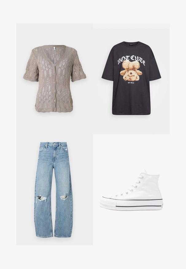 Kootud kardigan heleses pruunis, lühikeste varrukatega, V-kaelusega, nööbigaClosure ja keeruka avatud mustriga kogu ulatuses.; Musthave musta t-särk, millel on karu graafika ja tekst "EI NII NÄDALA, KUID MÄRG" paksult valgete tähtedega. Puuvillane materjal.; Heledad hallideega sinised teksad, millel on kõrge talje. Teksade jalgadel on lai alus, kaks rebitud kohta põlvede ümber ning klassikaline viie tasku stiil.; Valge kõrgem kangast tenniseking, millel on must kummist tald, ees kummist varvasetugi ja kuus aukku paelte jaoks, pakkudes puhta ja minimalistliku disaini.