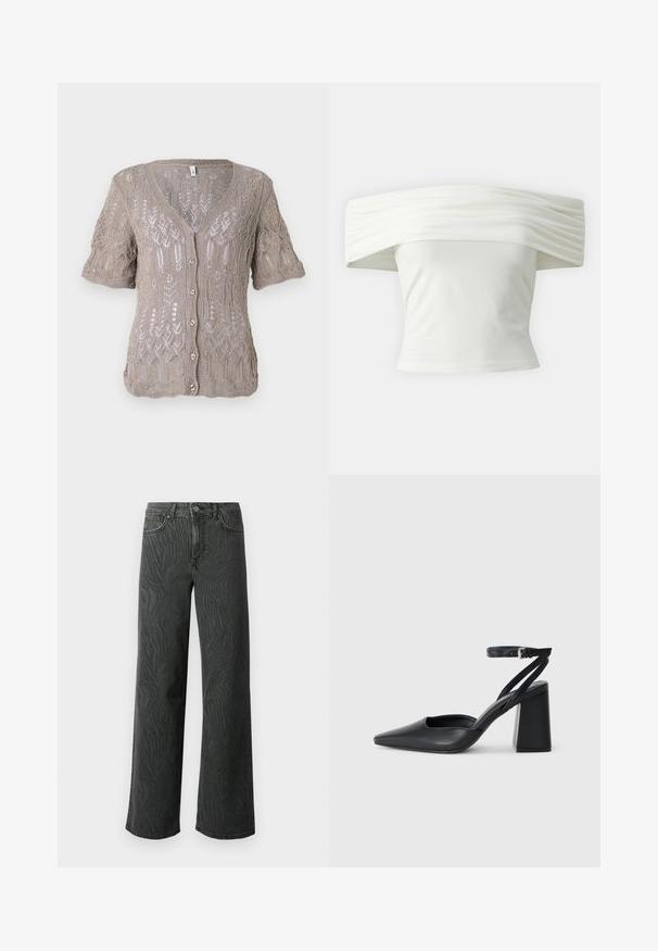 Cárdigan de punto en marrón claro con mangas cortas, escote en V, cierre de botones y un intrincado patrón de calados en toda la prenda.; Top blanco sin mangas con cuello estructurado y plisado, y un torso ajustado. Confeccionado en un tejido suave con una textura lisa.; Jeans de pierna ancha en denim gris oscuro, con una sutil textura de patrón de cebra, costuras en contraste y un diseño de cinco bolsillos con cierre de botón.; Zapato de tacón puntiagudo de cuero negro con tira en el tobillo y tacón ancho. Textura plana, diseño elegante y estética minimalista.