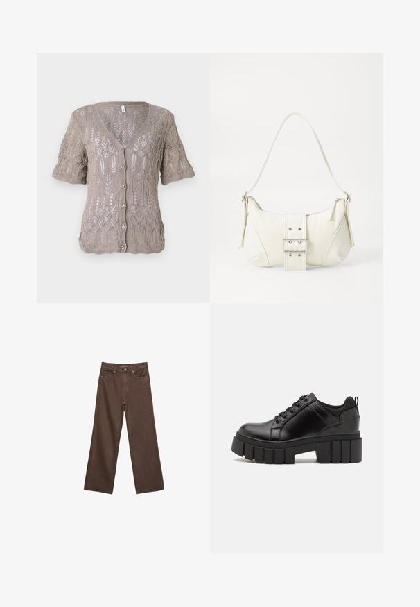Gilet en tricot marron clair à manches courtes, décolleté en V, fermeture à boutons et motif ajouré complexe sur l'ensemble.; Haut sans manches marron avec un décolleté carré, fabriqué à partir d'un tissu doux et extensible. Présente un design ajusté et des coutures plates.; Jean brown à jambes larges en denim, doté d'une taille haute, de poches avant et d'une fermeture à bouton classique. Texture lisse avec des coutures subtiles.; Chaussures à plateforme en cuir noir avec un talon bloc épais, bout rond et un design traditionnel à lacets. Elles présentent une texture lisse et un détail minimal.; Sac à épaule blanc avec une finition texturée, une accentuation par une boucle centrale et une forme courbée. Fermetures éclair des deux côtés.