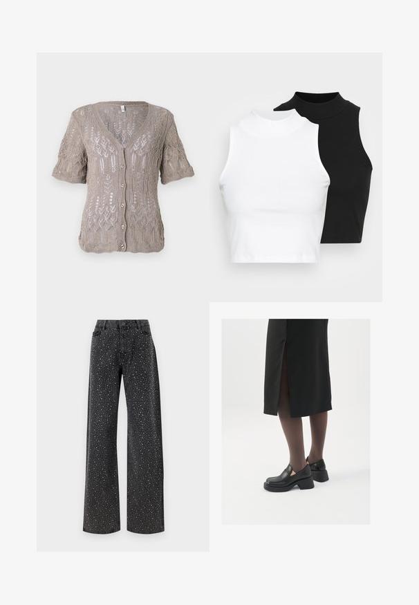 Knit cardigan in light brown with short sleeves, V-neck, button closure, and intricate openwork pattern throughout.; Two sleeveless ribbed turtleneck tops in black and white, featuring a fitted design and smooth texture, with cropped length.; Noisy May NMJANNEL LOOSE - Relaxed fit jeans - black denim; Black leather shoes with a rounded toe, thick block heel, and elastic side accents, paired with dark tights and a black skirt with a slit.