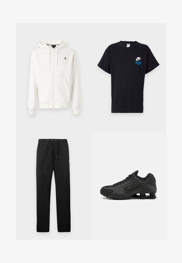 White zip-up hoodie with hood, front pockets, drawstrings, and small black Jumpman logo on the left chest.; Black cotton t-shirt with short sleeves, featuring white Nike logo and blue "AUTHORIZED PERSONNEL ONLY" text on the front.; Black sweatpants made of fleece, featuring an elastic waistband with drawstrings, two front pockets, and a small logo on the thigh.; Black running shoes featuring a smooth synthetic upper, perforated accents, textured side panels, and a distinct springy sole.