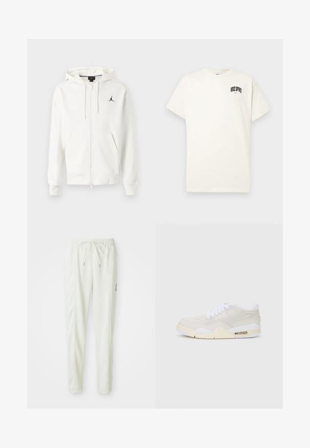 Weiße Zip-Hoodie mit Kapuze, Fronttaschen, Kordeln und kleinem schwarzen Jumpman-Logo auf der linken Brust.; Cremfarbens Baumwoll-T-Shirt mit kurzen Ärmeln, das "NIKE SB" in schwarzem und rotem Text auf der Brust zeigt. Klassischer Rundhalsausschnitt.; Weiße, körpernahe Jogginghose mit elastischem Bund und Kordelzug, ausgestattet mit seitlichen Nähten und einem kleinen schwarzen Patch am rechten Bein.; Sneakers mit einem hellbeigen synthetischen Obermaterial, weißen Schnürsenkeln und sichtbarer Dämpfung. Sie verfügen über eine glatte Sohle und dezente seitliche Akzente.