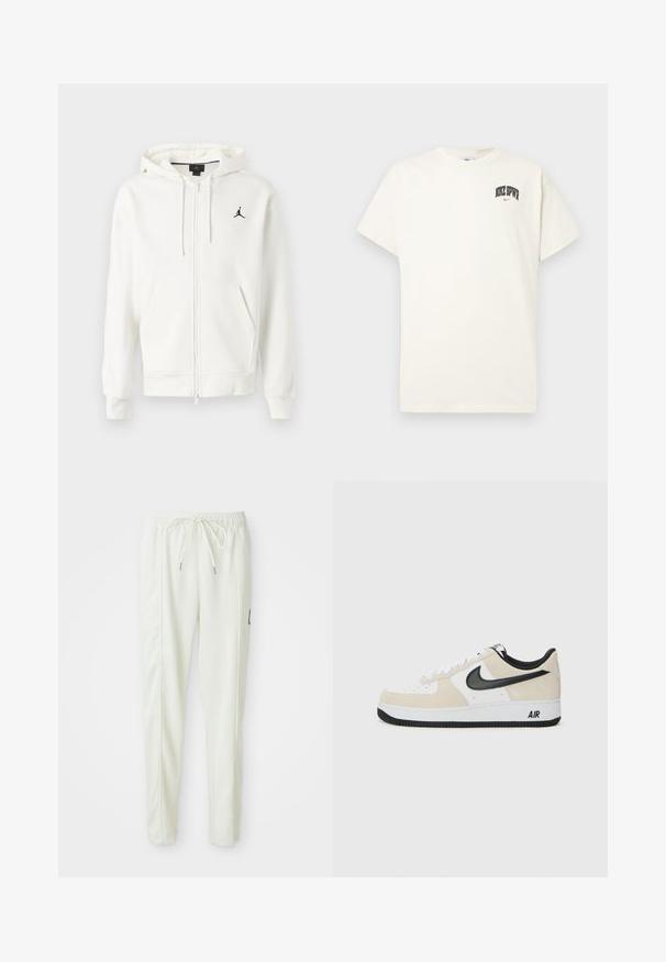 Valge kapuutsiga sulguva eesojaga sviiter, ees taskud, reguleeritavad nöörid ja väike must Jumpmani logo vasakul rinnal.; Kreemivalge puuvillane t-särk lühikeste varrukatega, millel on rinnal musta ja punase tekstiga "NIKE SB". Tavaline ümmargune kaelus.; Valged kitsad jooksvapüksid elastse vöökoha ja paelaga, külgseamide detailide ja väikese musta plaastriga paremal jalal.; Kergedega helebeež Suede ja valge naha pealispind, must Nike swoosh, mustad aksendid ja valgest kummist põhi, mis peal "AIR" bränding.