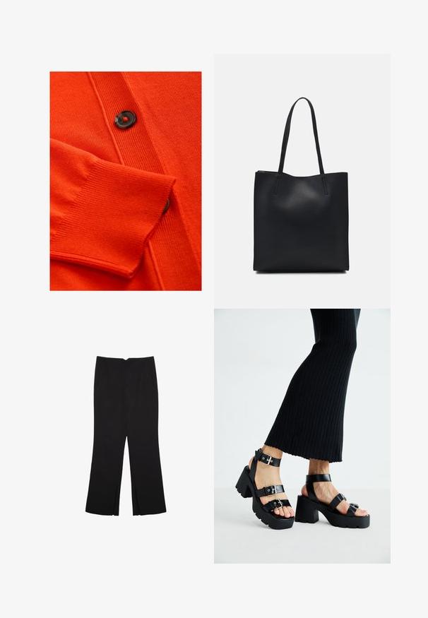 Narančasti kardigan s mekim teksturom, rebrastim manžetama i crnim dugmetom s crvenim naglaskom. Detaljan pleteni uzorak duž tijela.; Pura crna pamučna majica kratkih rukava s okruglim izrezom, prikazana na bijeloj pozadini.; Crne hlače ravnog kroja, s prednjim džepovima i bočnim prorezima na rubu. Izrađene od mekog i glatkog materijala. Pogodne za razne prigode.; Crne platforme sandale s debelim, nazubljenim potplatima i višestrukim trakama, s metalnim kopčama i glatkom teksturom koja podsjeća na kožu.; Crna kožna torba za nošenje s glatkom teksturom, pravokutnim oblikom i dvije duge ručke. Nema vidljivih metalnih dijelova ili ukrasa.
