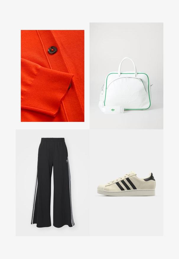 Cardigan arancione con una texture morbida, polsini a coste e un bottone nero con un accento rosso. Motivo a maglia dettagliato lungo il corpo.; Due camicie a maniche lunghe: una nera e una bianca. Entrambe presentano un col a girocollo, maniche raglan e un morbido tessuto in misto cotone.; Pantaloni in felpa neri a gamba larga con vita elastica, dotati di strisce bianche sui lati e un logo ricamato sulla coscia sinistra.; Sneakers bianchi in pelle con strisce nere, punta arrotondata, suola in gomma, parte superiore testurizzata e sistema di allacciatura. Presenta il logo sul tallone.; Borsa in pelle bianca con rifiniture verdi, caratterizzata da un logo goffrato prominente, doppi manici, una tracolla removibile e una tasca frontale con zip.