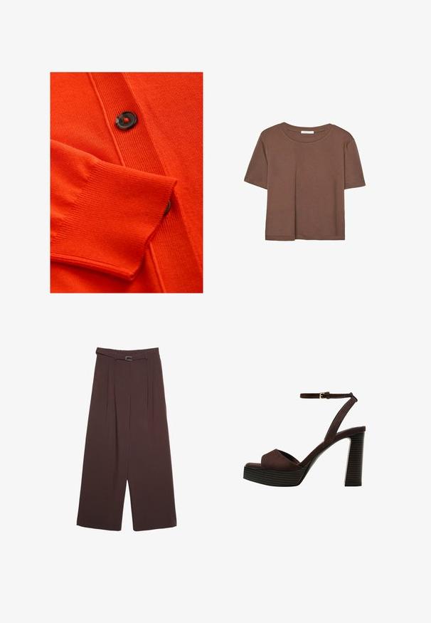 Cardigan orange avec une texture douce, des poignets côtelés et un bouton noir avec un accent rouge. Motif tricoté détaillé le long du corps.; T-shirt marron à manches courtes en tissu doux, avec un col rond et une coupe décontractée. Aucun motif ni accent visible.; Stradivarius WIDE-LEG WITH BUCKLE DETAIL - Pantalon classique - dark brown; Sandale à talons hauts en suede marron avec un bout ouvert, une bride de cheville réglable et une semelle de plateforme rayée.