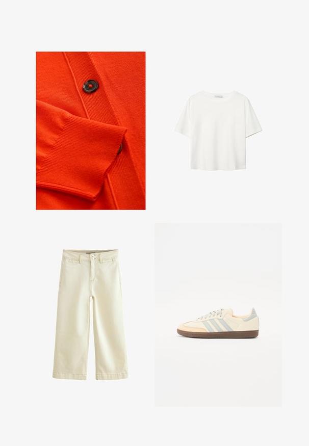 Oranssi neuletakki, jossa on pehmeä tekstiili, ribbauslahkeet ja musta nappi punaisella korostuksella. Yksityiskohtainen neulekuvio vartalon kohdalla.; Valkoinen lyhythihainen T-paita, joka on tehty puuvillasta. Siinä on pyöreä kaula-aukko ja rento malli. Silkkinen pinta ilman näkyviä kuvioita tai koristeita.; Valkoiset lyhyet farkut, joissa on hieman teksturoitu pinta. Omistaa normaalin vyötärön, jossa on kaksipainiketta ja viisi taskua.; Tennarit, joissa on kerma-nahkainen päällinen, vaalean siniset raidat ja persikan väriset yksityiskohdat. Varustettu teksturoidulla ruskealla kumipohjalla ja minimalistisella muotoilulla.