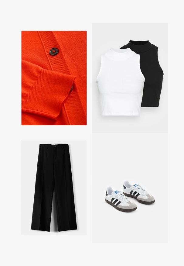 Pomarańczowy kardigan z miękką fakturą, prążkowanymi mankietami oraz czarnym guzikiem z czerwonym akcentem. Szczegółowy wzór dzianinowy na całym ciele.; Dwa bezrękawnikowe golfy w kolorze czarnym i białym, charakteryzujące się dopasowanym fasonem i gładką teksturą, o skróconej długości.; Czarne spodnie szerokie, wykonane z lekkiego materiału, z zapięciem na guzik z przodu i gładkim przodem, z starannie wykończonymi brzegami.; Buty sportowe z białą skórzaną cholewką, szarym zamszowym noskiem i trzema czarnymi paskami. Posiadają niebieskie logo na języku oraz teksturowaną gumową podeszwę.