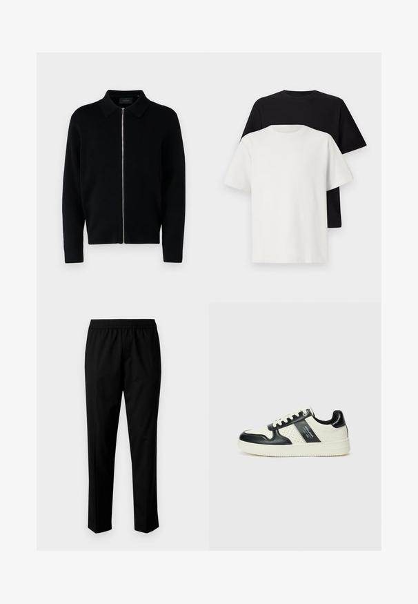 Black knit zip-up cardigan with a collared neck, featuring long sleeves, a textured fabric, and a central zipper detail.; Cotton t-shirt set featuring a black top and a white top, both with short sleeves, round neckline, and standard fit. Textured fabric.; Black trousers with an elastic waistband, featuring a straight leg design. Fabric appears smooth with a matte texture, no visible patterns.; Leather sneakers with a black and cream color scheme, featuring perforated accents, a padded collar, and a textured outsole.