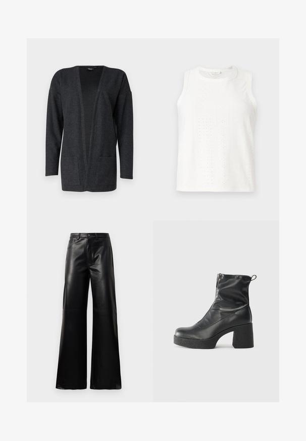 Temno sivi cardigan iz mehkega, teksturiranega materiala. Oblika z odprtim sprednjim delom, dolgi rokavi in dvema sprednjima žepoma. Brez zapiranj.; Bela brezrokavna majica z vzorci iz očičastih elementov, okroglym izrezom in ravnim krojem. Narejena iz lahkega materiala z gladko teksturo.; Črne široke hlače iz umetnega usnja z visokim pasom, sprednjim gumbom, zadrgo, zanke za pas in stranskimi žepi na beli podlagi.; Črne gležnjarje iz gladke kože z božnim zadrgo, masivnim teksturiranim peto in zaobljeno obliko prstov.